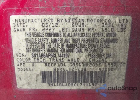 2012 Nissan Sentra 2.0 Sr из США, поврежденный, VIN 3N1AB6AP5CL744197